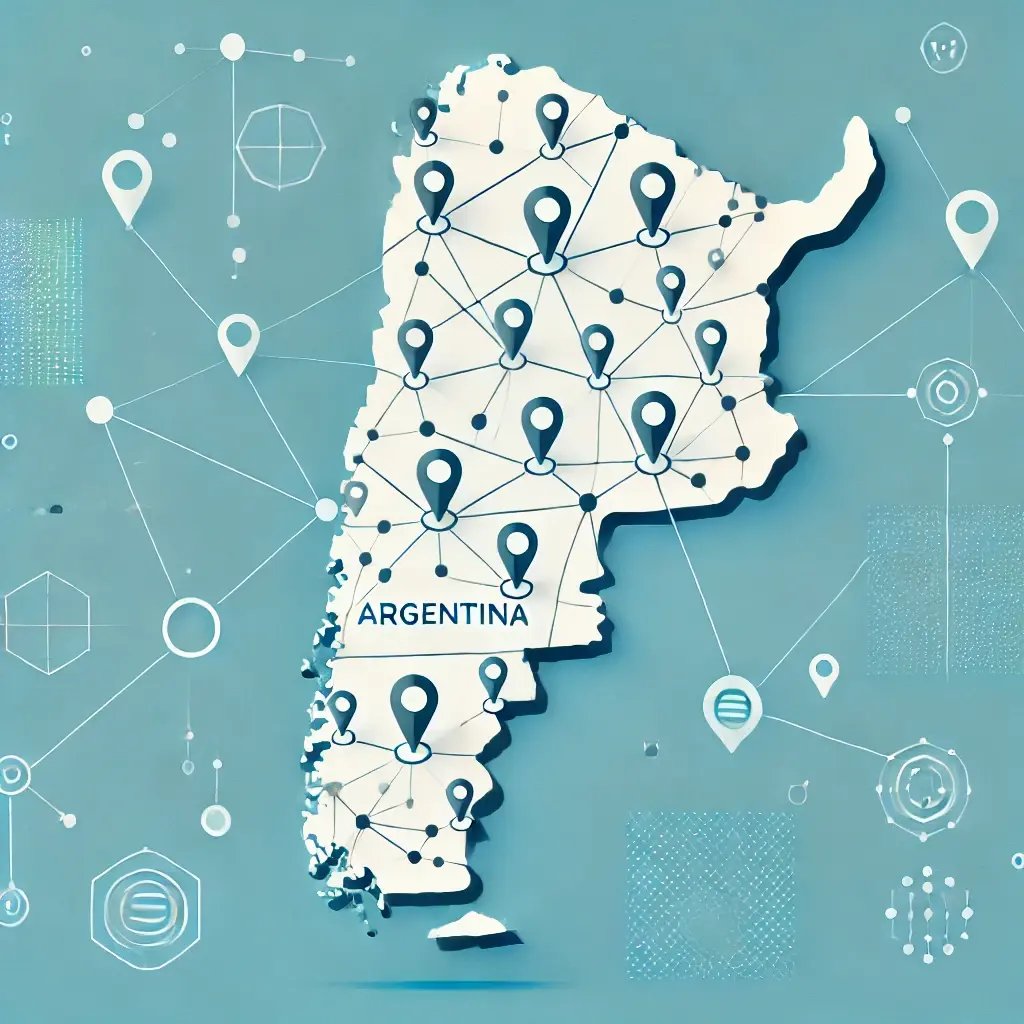 DALL·E 2024-11-07 02.41.30 - A simplified 2D map of Argentina with a light blue background, showing evenly distributed location markers. The map includes connecting lines between 